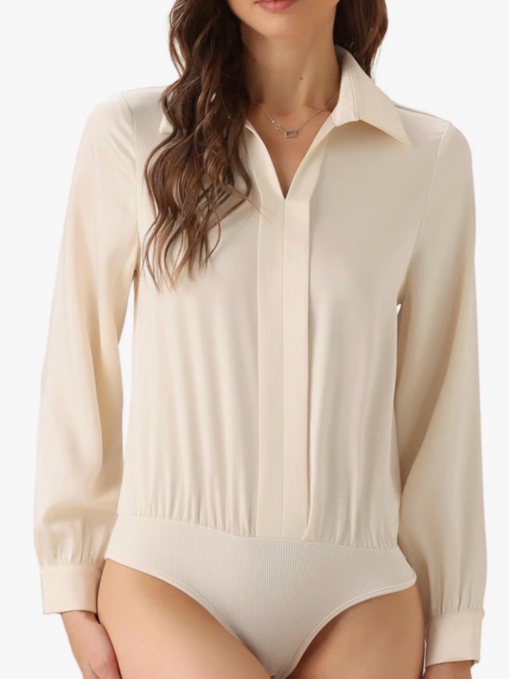 Allegra K Cream Long-Sleeve Collared Bodysuit